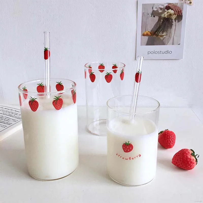 

Glass Water Bottle Cute with Straw Transparent Strawberry Ins Korean Style Coffee Mug Cute Milk Bottle Kawaii Water Bottle