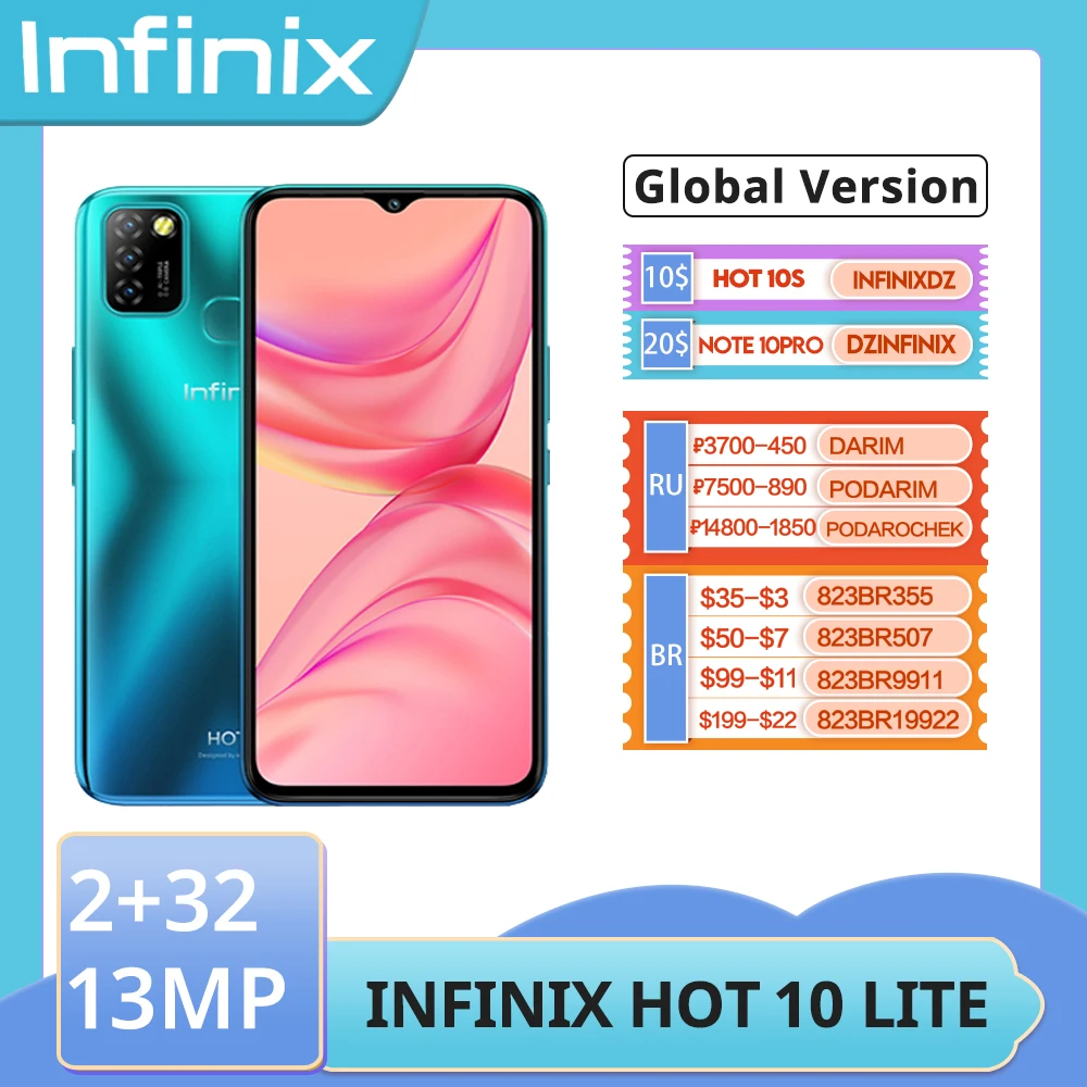 New Global Version Infinix Hot 10 Lite Smartphone 2GB 32GB 6.6&quotHD Display 5000 mAh 13MP Triple Camera Smart Android Moblie Phone |