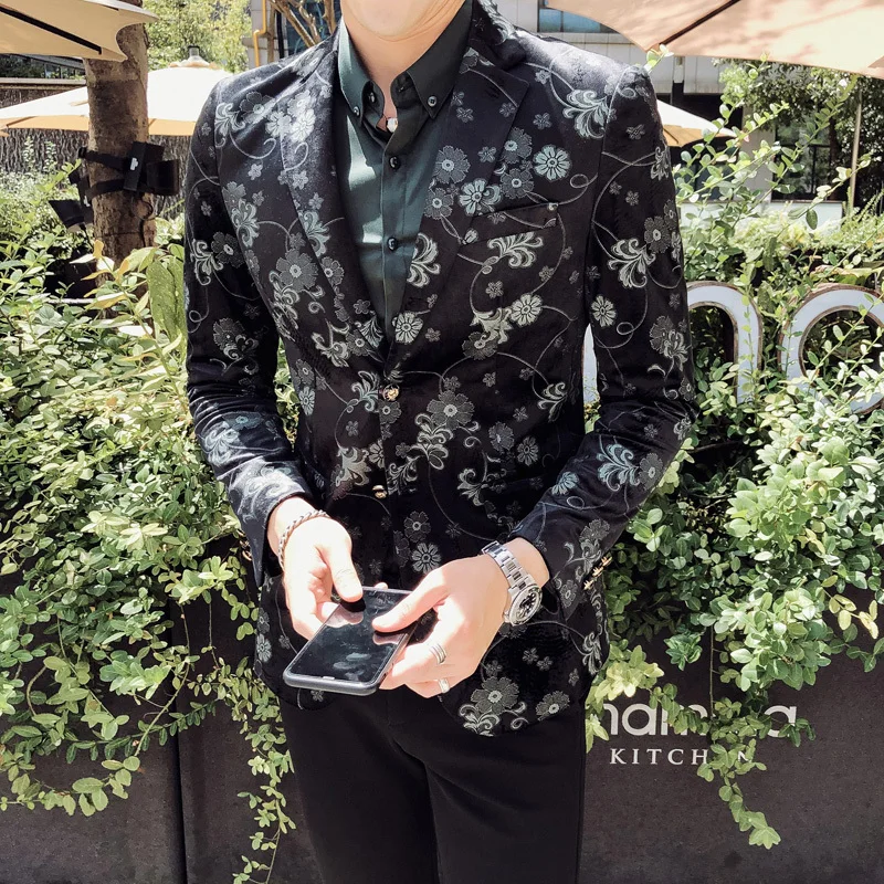 

Big Size 5xl 2020 Spring Wedding Men One Button Blazer Stylish Banquet Jacket Party Stage Singer Costume Homme Floral Blazer Men