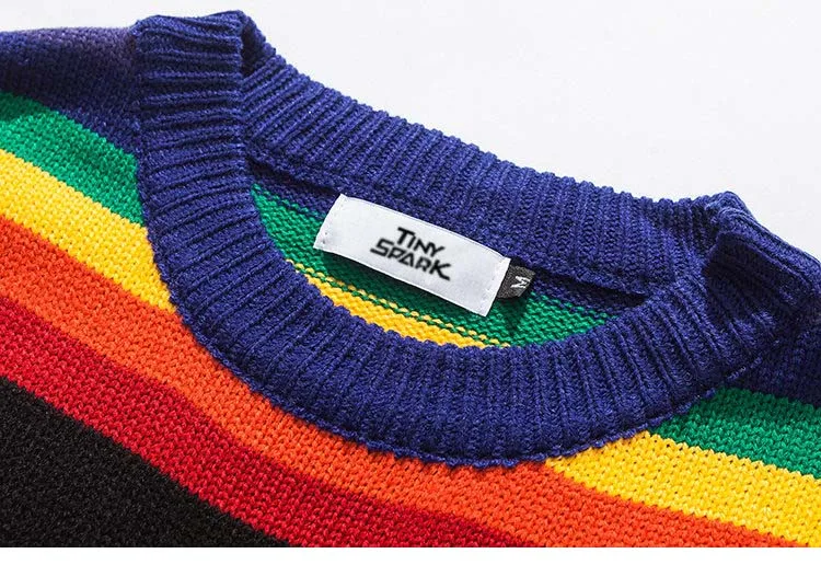 2021 New Harajuku Retro Rainbow Knitted Striped Sweater Mens Hip Hop Sweater Streetwear Men Fashion Autumn Sweater Cotton men's hooded sweaters