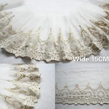 

15CM Wide Luxury European Golden Thread Mesh 3d Embroidery Lace White Tulle Yarn Trim Wedding Dress Handmade DIY Sewing Supplies