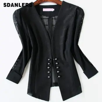 

plus size 5XL!Elegant women cardigan short coat mesh pacthwork hollow transparent slim crop top ladies office blazer jacket