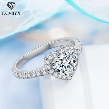 

CC Women Rings S925 Silver Heart Wedding Engagement Bridal Jewelry Cubic Zirconia White Gold Color Ring Anillos Mujer CC829