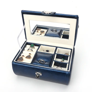 

New Blue PU Leather Metal Buckle Portable High-end Jewelry Storage Box Ring Earring Pendant With Makeup Mirror Double Card Slot
