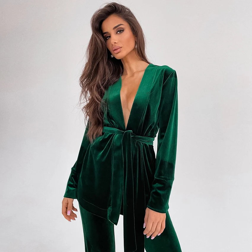 RestveKnittedVelvetWomenRobesWithSashesSolid2PieceSetLong