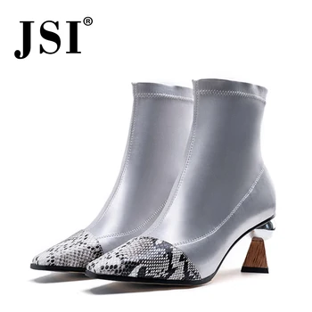 

JSI Slip-On High Heel Woman Boots Round Toe Serpentine Printing Mid-Calf Square Heel Boots Genuine Leather Lady Shoes JO293