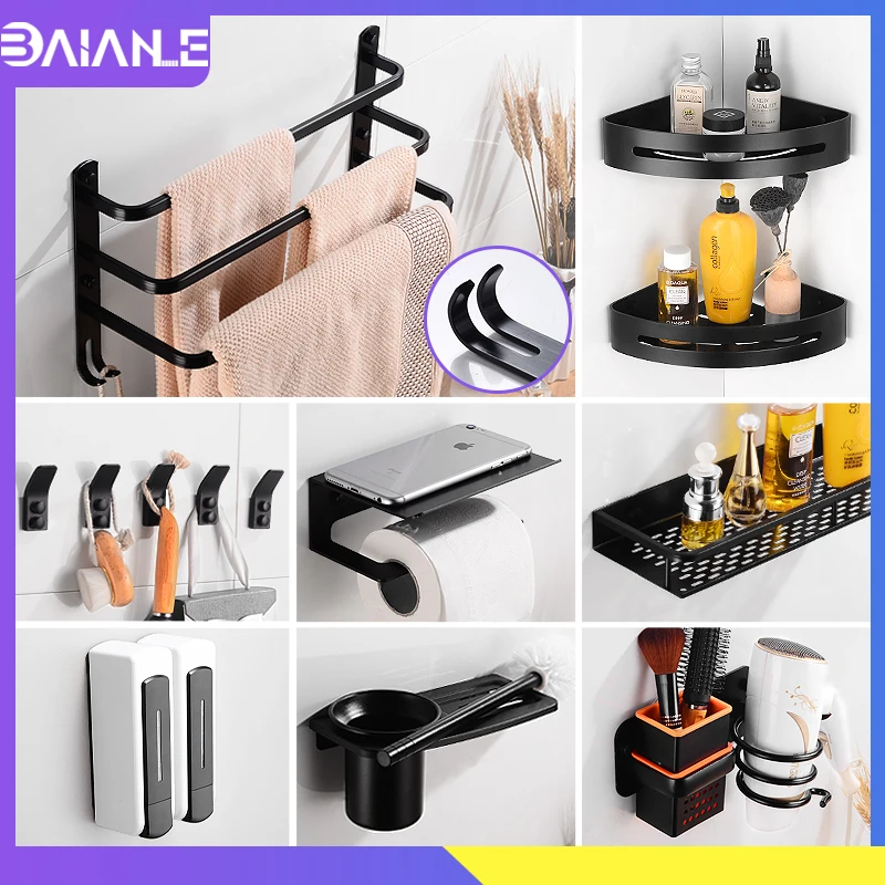 

Towel Holder Black Towel Rack Hanging Holder Aluminum 3 Layer Towel Bar Robe Hook Corner Bathroom Shelf Shampoo Shower Organizer