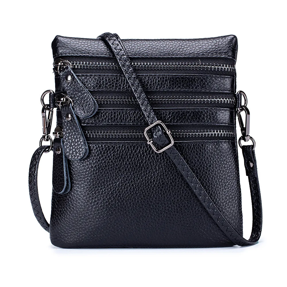 

Large Capacity Full Grain Soft Original Top Layer Cowhide Leather Four Zipper Pockets Lady Simple Crossbody Bag