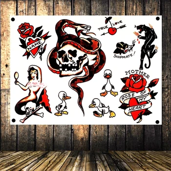 

Old School Tattoo Poster Tattoo Shop Home Decor Wall Art White Hanging Flag Banner Tapestry Cloth Printing Canvas Painting U9
