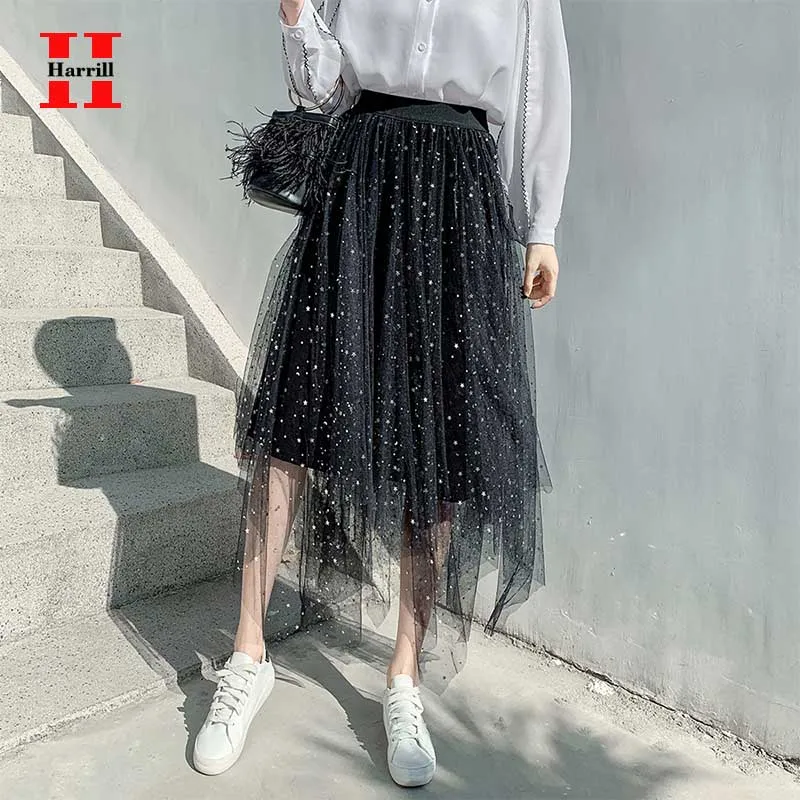 

Spring Summer Vintage Skirt For Womens Elastic High Waist Tulle Skirts Ladies Starry Print Tutu Pleated Skirts faldas mujer moda
