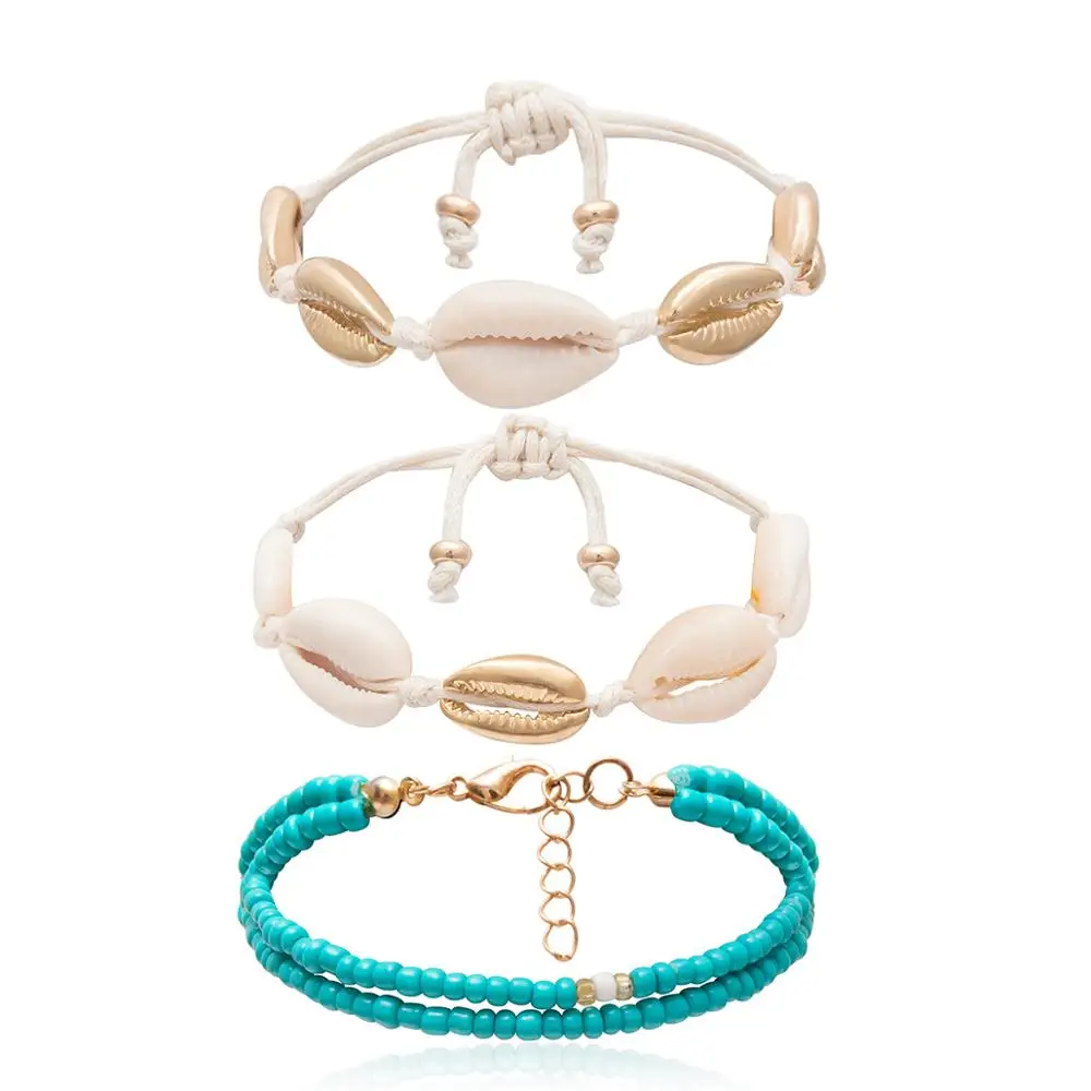SHIXIN Charms Sea Shell Bracelets Set Bohemian Green Beads Bracelet for Women Summer Seashell Hand Chain Jewelry Female Gifts