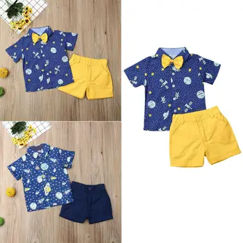 

2020 Kids Baby Boy Wedding Formal Party Gentleman Clothes Rocket Print Shirt Tops Shorts Pants Formal Outfit Sets