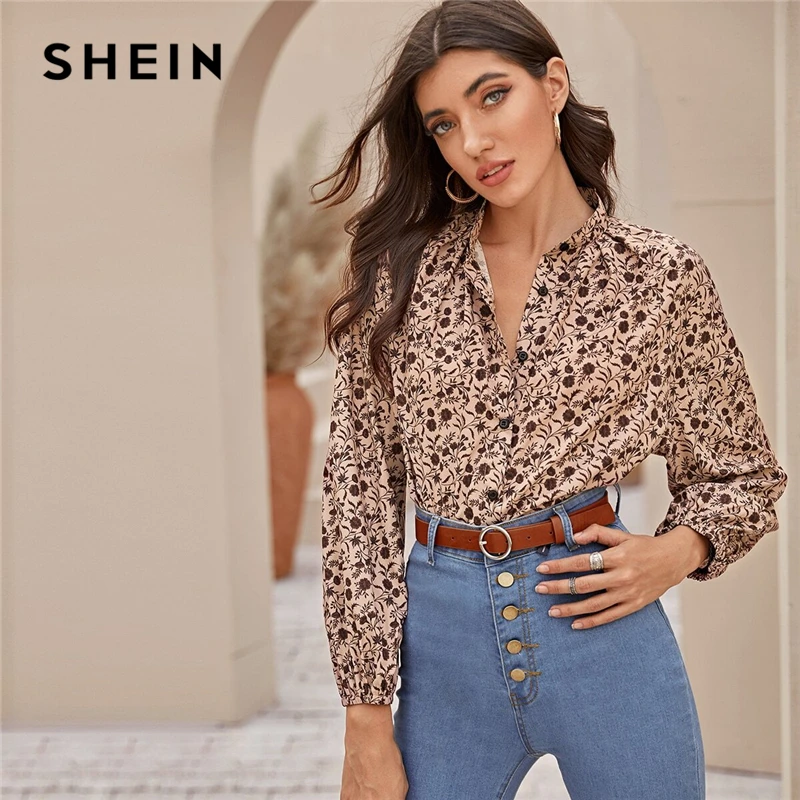  SHEIN Multicolor Mock Neck Ditsy Floral Print Shirt Blouse Women Spring Autumn Button Front Bishop 