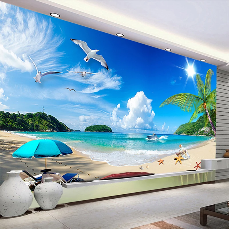 3d Wallpaper Modern Blue Sky White Clouds Beach Seascape Mural For