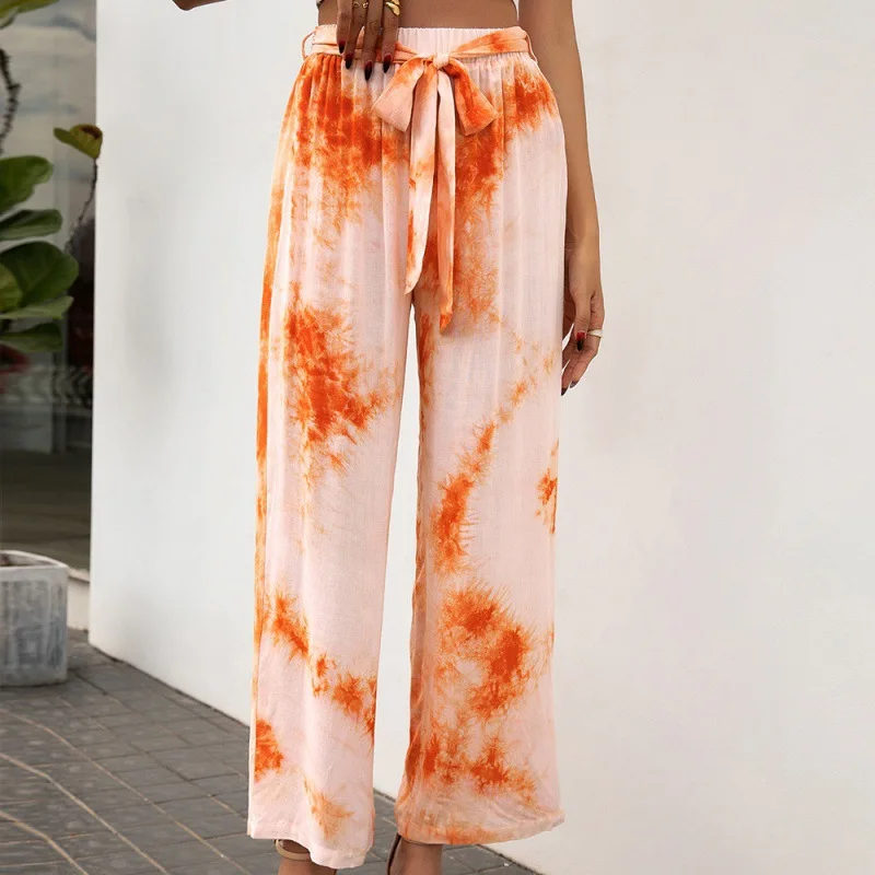 

Summer Fashion New Women's Loose Tie Dyed Belt Pants Casual Printed Wide Leg Pants Women