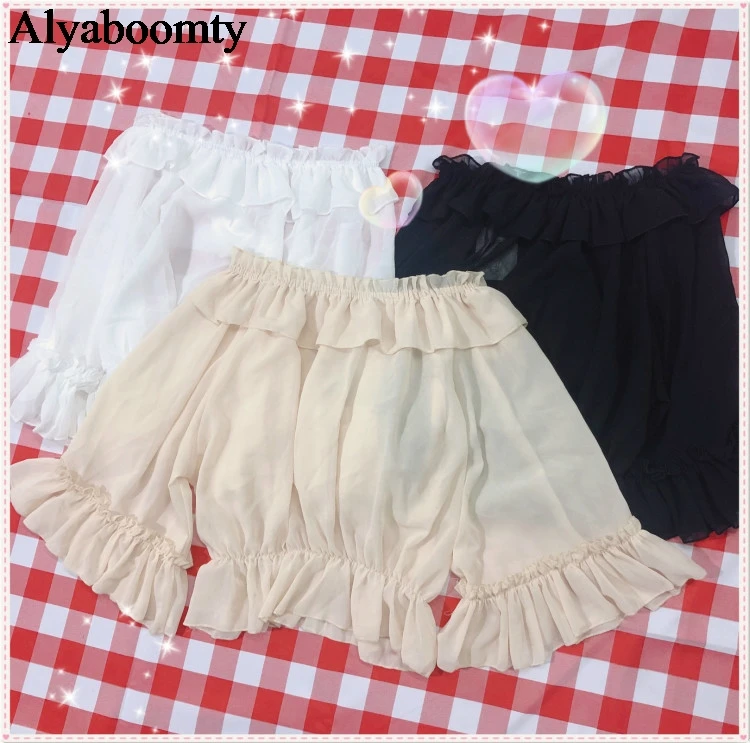 

Japanese Summer Autumn Women Lolita Style Blouse Slash Neck Chiffon Cute Kawaii Blusa Flare Sleeve White Black Apricot Short Top