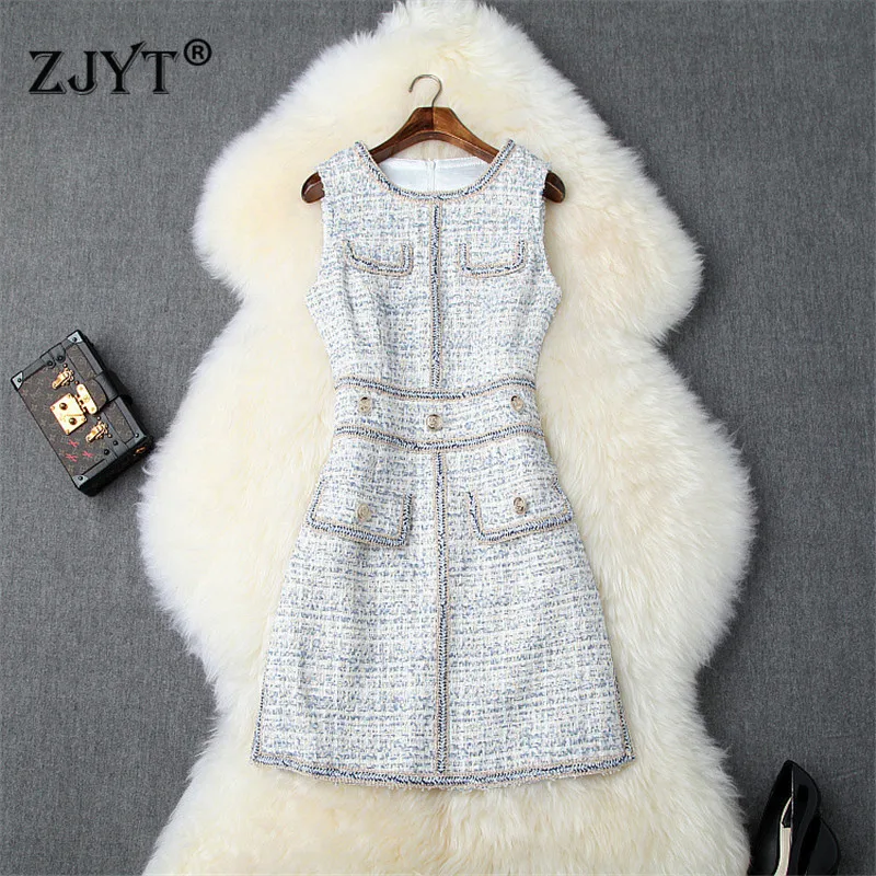 

New Designer Autumn Dress Runway Designer Women's O Neck Sleeveless Hit Color Casual Tweed Woolen Tank Dress 2019 robe femme
