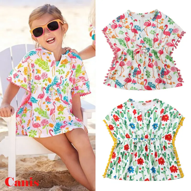 Casual Summer Toddler Kids Baby Girls Flower Cotton Linen Sundress Bikini Swimwear Cover Up Beach Dress Beachwear 6M-5Y