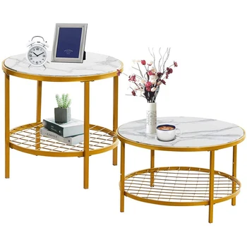 

2Pcs Round Coffee Tea Table Set With Marble Effect Metal Frame Side Table Movable End Table For Living Room Office Furniture