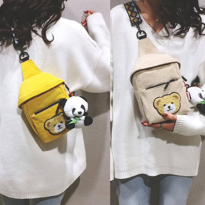

Canvas Bag INS Chest Pack Versatile Women's 2019 New Style Japanese-style Simple through Shoulder Bag Bear Canvas Bag