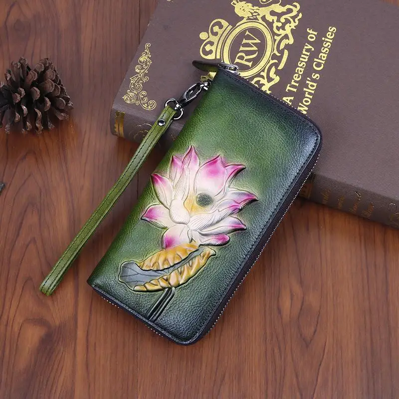 Johnature, Роскошный кошелек, женские кошельки и кошельки, Ретро стиль, новинка, цветочный кошелек из натуральной кожи, держатель для карт, кошелек для телефона - Цвет: Зеленый