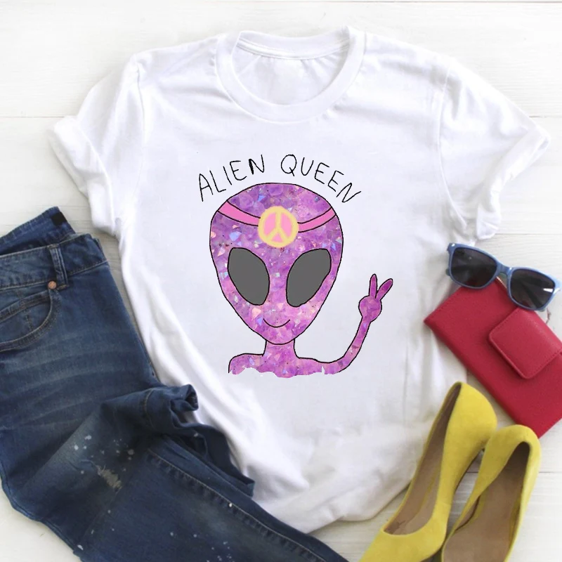 Женская летняя футболка с рисунком из мультфильма Alien Peace модная космическим принтом женская графическим