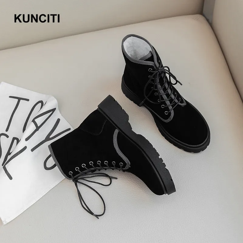 KUNCITI/теплая обувь на шнуровке; женские замшевые ботильоны; плюшевые теплые зимние ботинки; ботинки в байкерском стиле; женские ботинки; D9292