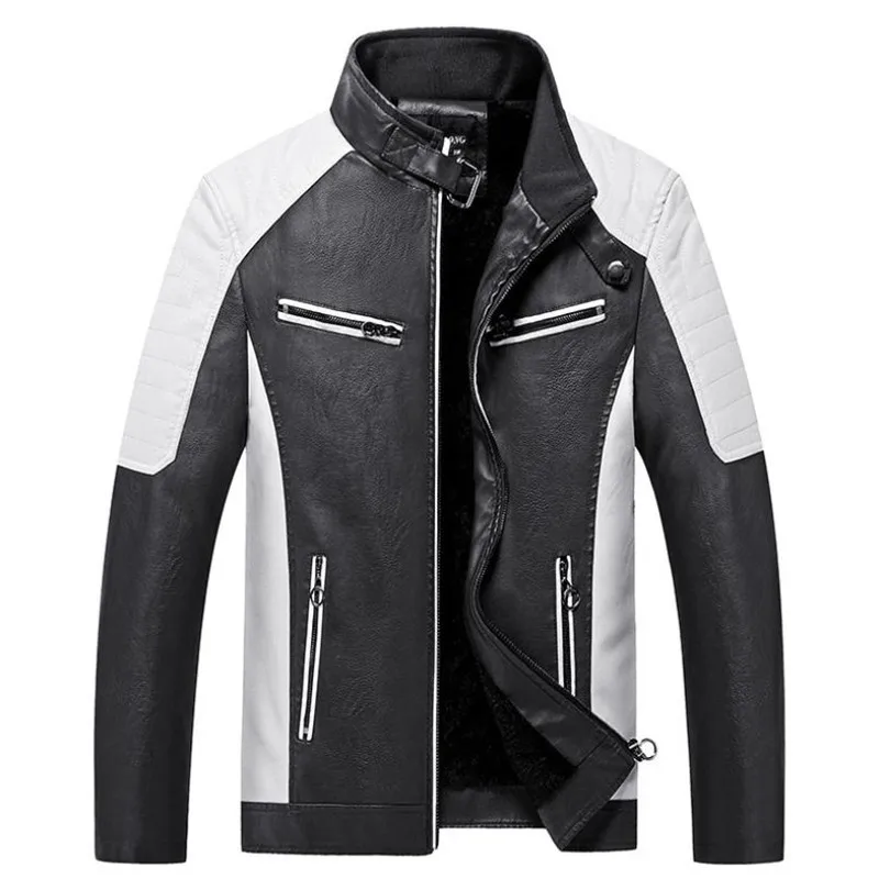Autumn and winter men's leather jacket plus velvet warm motorcycle stitching PU quality collar | Мужская одежда