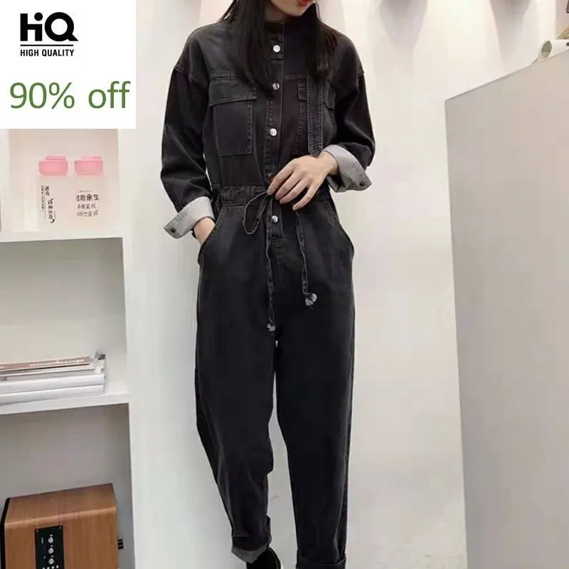 

Euro Autumn Womens Cargo Denim Jumpsuits Long Sleeve Stand Collar High Waist Loose Fit Ankle Length Pants Female Casual Overalls