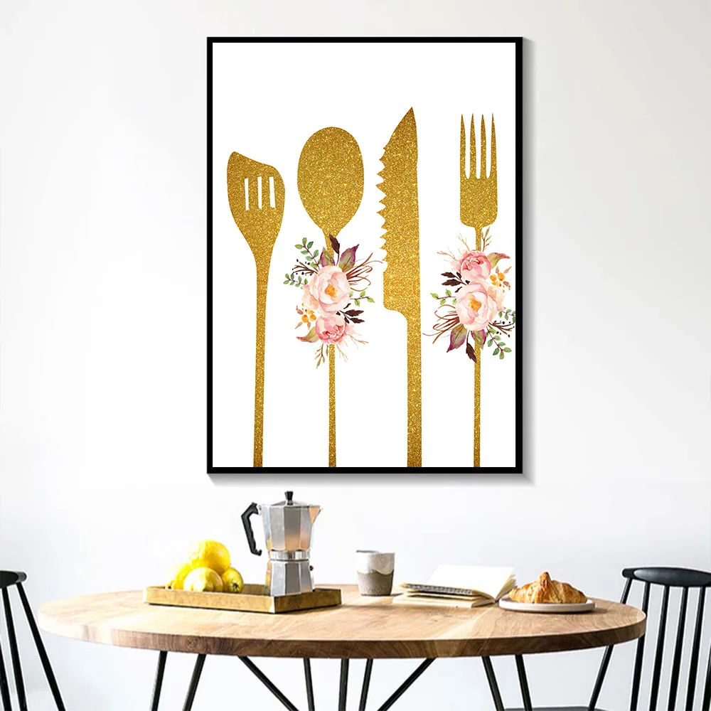 Messer Und Gabel Kuche Utensil Poster Floral Utensil Leinwand Kunstdruck Kuche Wand Kunst Gemalde Wand Pictures Home Dekoration Malerei Und Kalligraphie Aliexpress