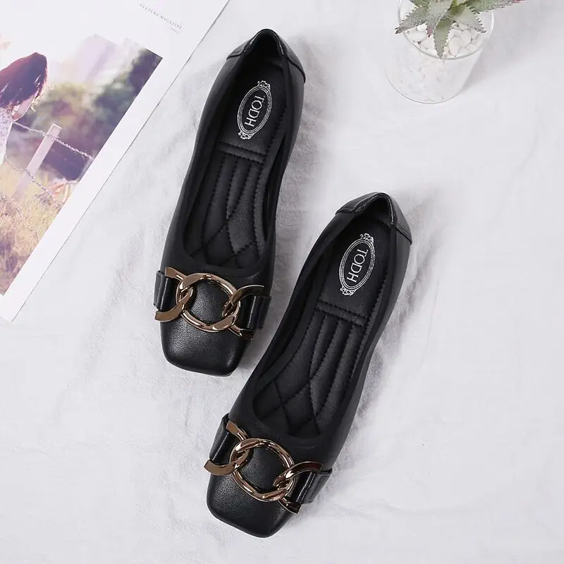 

Square Toe Metal Decoration Shallow Women Basic Low Heel Pumps Casual Solid Slip-On Single Shoes Buckle With Ladies Pumps