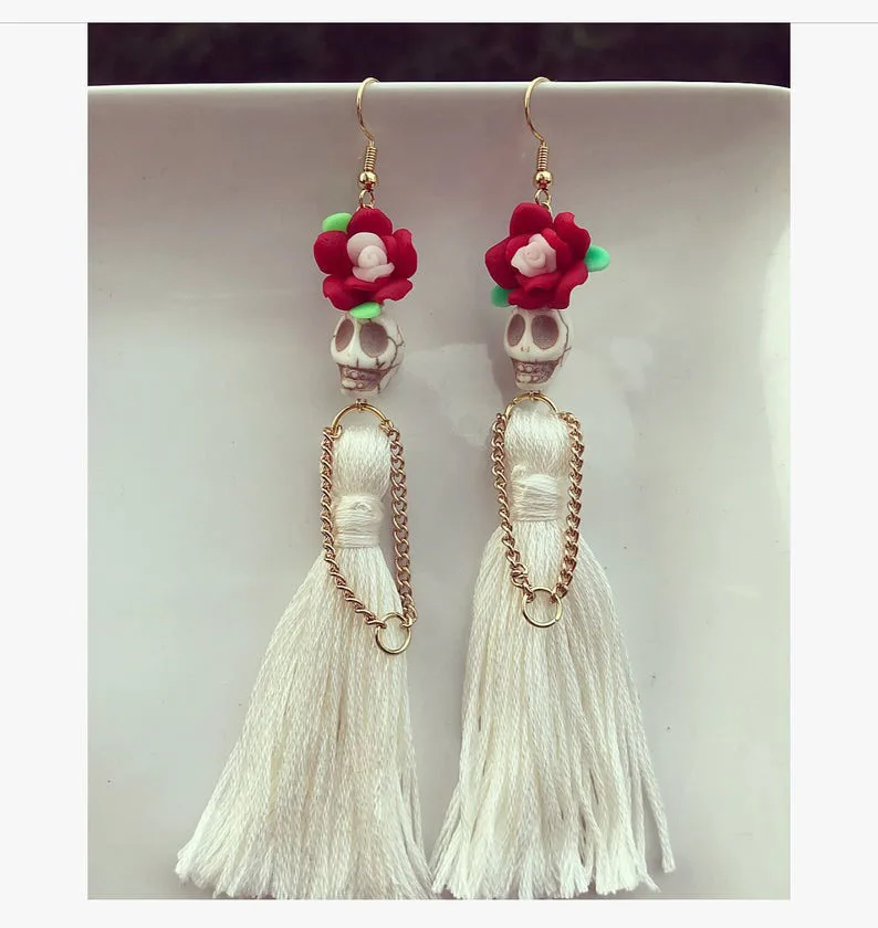 White Skulls with Long Tassels Dangle Earrings gothic Skull dangle Women New Fashion day of The Dead Jewelry | Украшения и