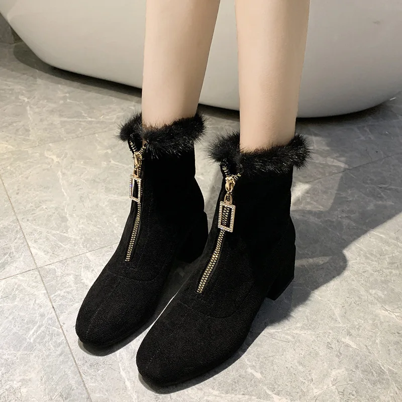 

Retro Style Chunky Front Zipper Suede Short Boots Children Suede Plush Martin Boots Semi-high Heeled Man-made Diamond Women's Bo