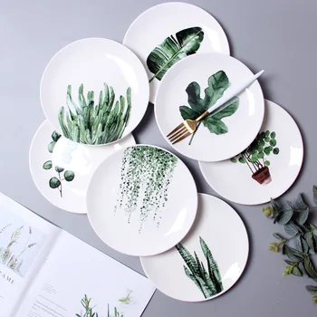 

8/10 Inches Green Plants Round Plates Ceramic Dinner Set Porcelain Dessert Plate Steak Salad Snack Cake Plates Tableware