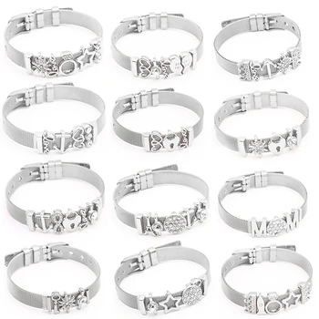 

BAOPON Jewelry Silver Color Stainless Steel Mesh Bracelets Bangles with Love Heart Slide Charms Bracelets for Women Lover Gift