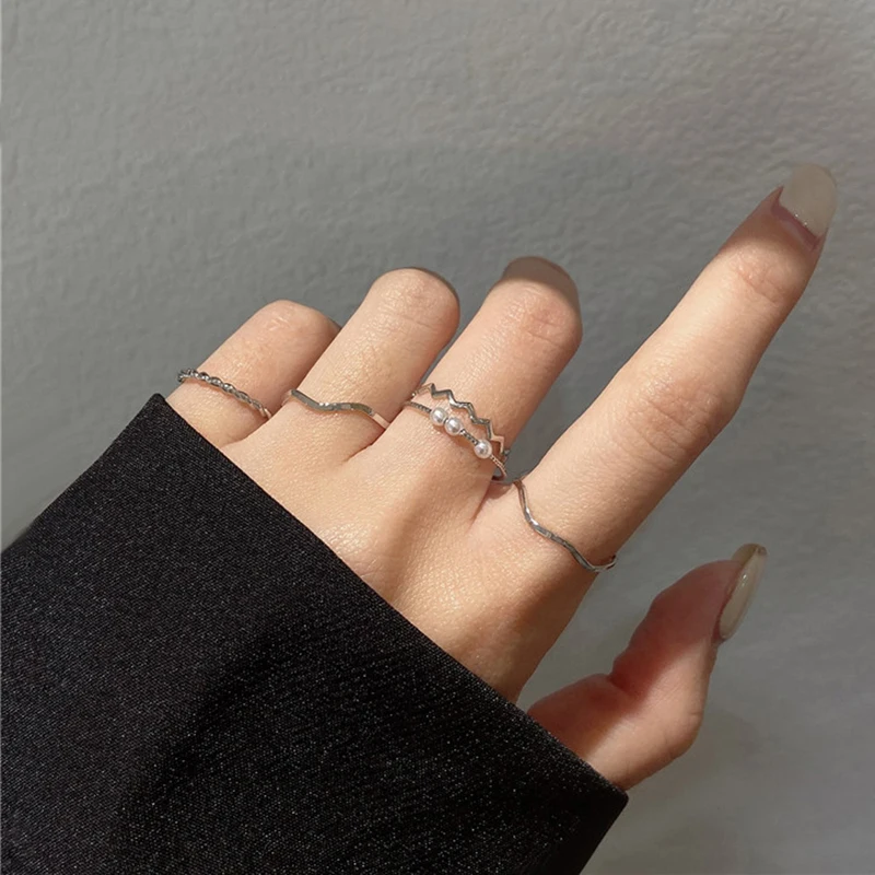 trendy gold rings 5 Pcs/Set Simple Fashion Wave Pattern Ring Set for Women Trend Personality Pearl Zirocn Metal Multilayer Ring Jewelry Girl Gift Trendy Rings Trendy Rings