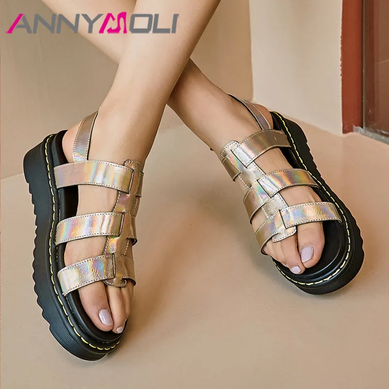 

ANNYMOLI Flat Platform Woman Shoes Natural Genuine Leather Sandals Buckle Strap Shoes Open Toe Female Sandals Summer Sliver Gold