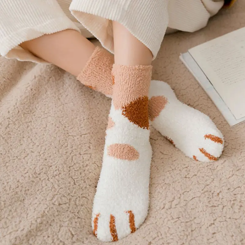 Женские зимние носки с когтями, милые толстые теплые носки-тапочки для сна, плюшевые коралловые флисовые Носки, женские носки без пятки