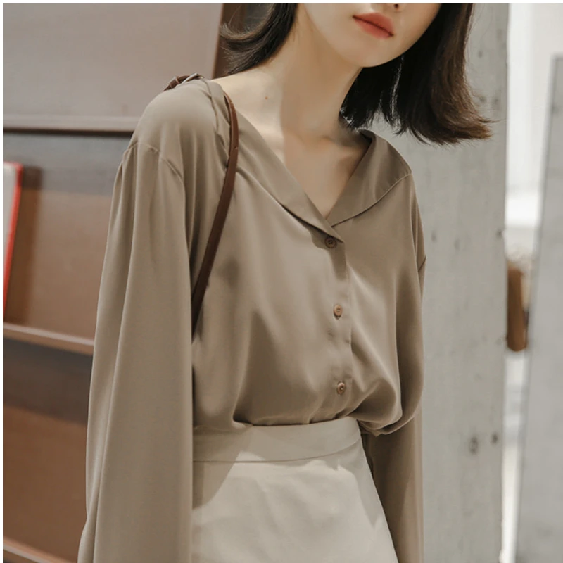 

Autumn New Style Simple Temperament All-Match Lapel Chiffon Drape Long-Sleeved Shirt
