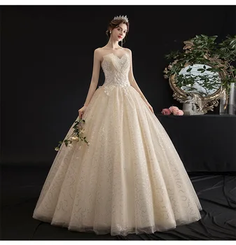 

2020 New Champagne Bride Floor Length Princess Lace Up Simple Wedding Dress Fashion Strapless Beading Flower Vestido De Novia