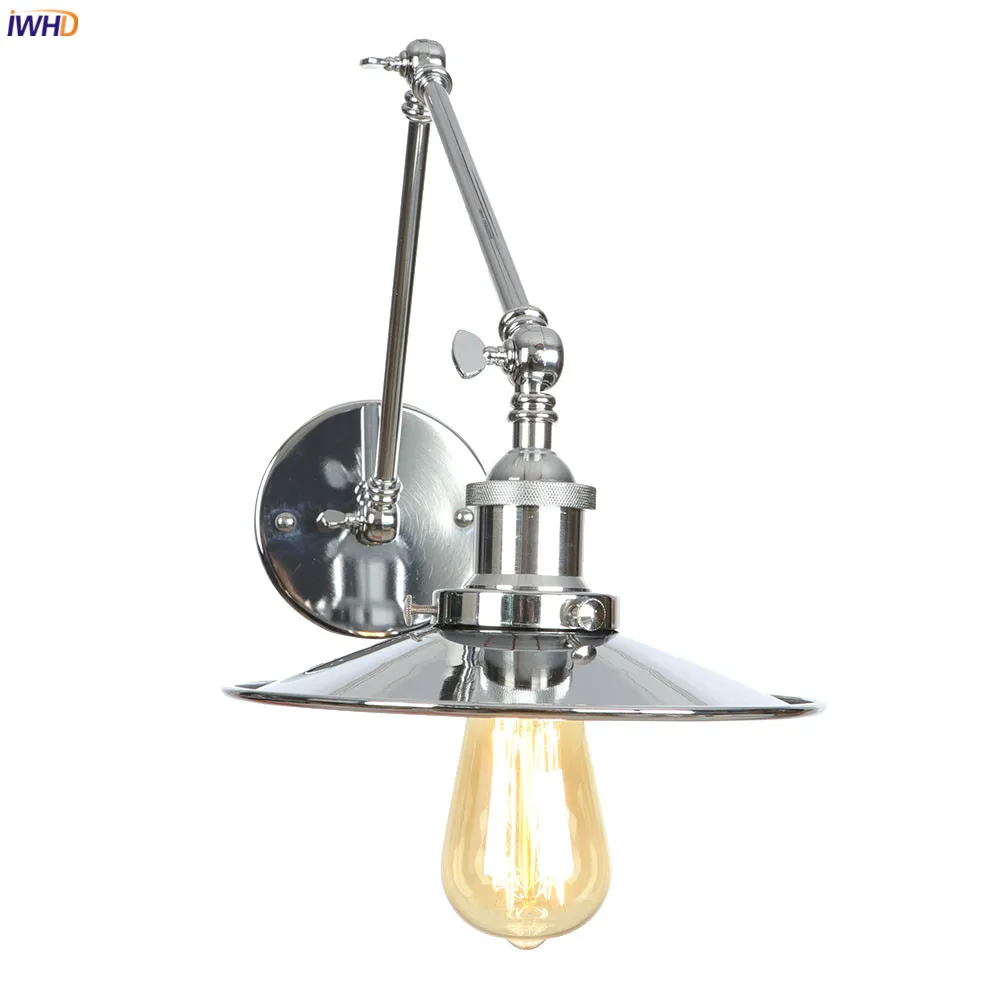 IWHD Silver Swing Long Arm LED Wall Light Fixtures Bedroom Stair Mirror Loft Industrial Decor Vintage Wall Lamp Sconce Edison