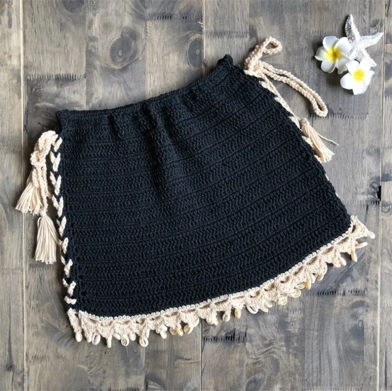 black Сексуальное женское прозрачное пляжное платье, вязаное крючком, с кисточками, с завязками сбоку, туника, пляжная одежда, новинка, пляжное покрывало, короткое парео для купальников - Цвет: black
