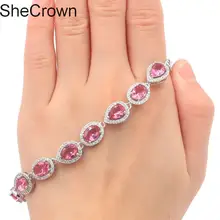 8x6 мм Блестящий розовый турмалин Белый CZ серебряный браслет 8,0-дюйма