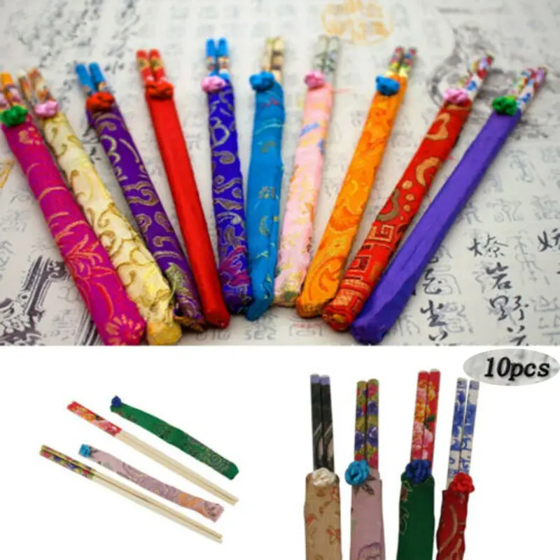 

10 Pairs Chinese Wooden Chopsticks Tableware with Silk Cover Case Gift Retro Nation Style