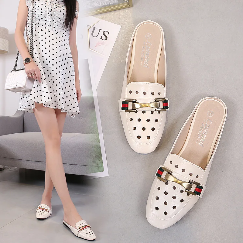 

2019 New Style Summer Korean-style Versatile No Heel Closed-toe Muller ban tuo xie Women's Slip-on Naked Empty Lazy Shoe