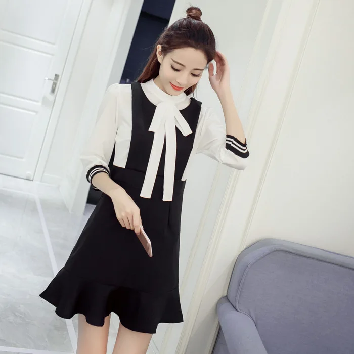 

2017 Spring Clothing New Style Korean-style Slim Fit Slimming Lace up Front Bow Mock Two-Piece Dress Women's Fashion