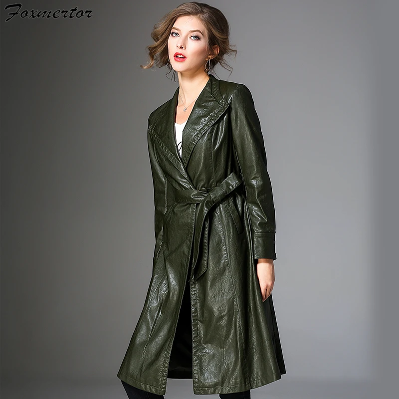 Foxmertor Brand Fashion Women Pu Leathers Trench Coat Female Overcoat Autumn Long Sleeve Belt Long Coat Ladies Windbreaker Black