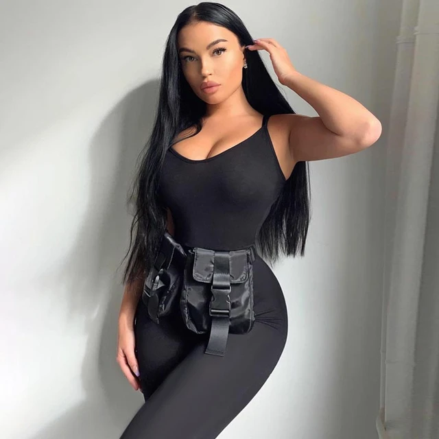 Spring 2022 Black Women Bodycon Jumpsuits Summer Spaghetti Strap