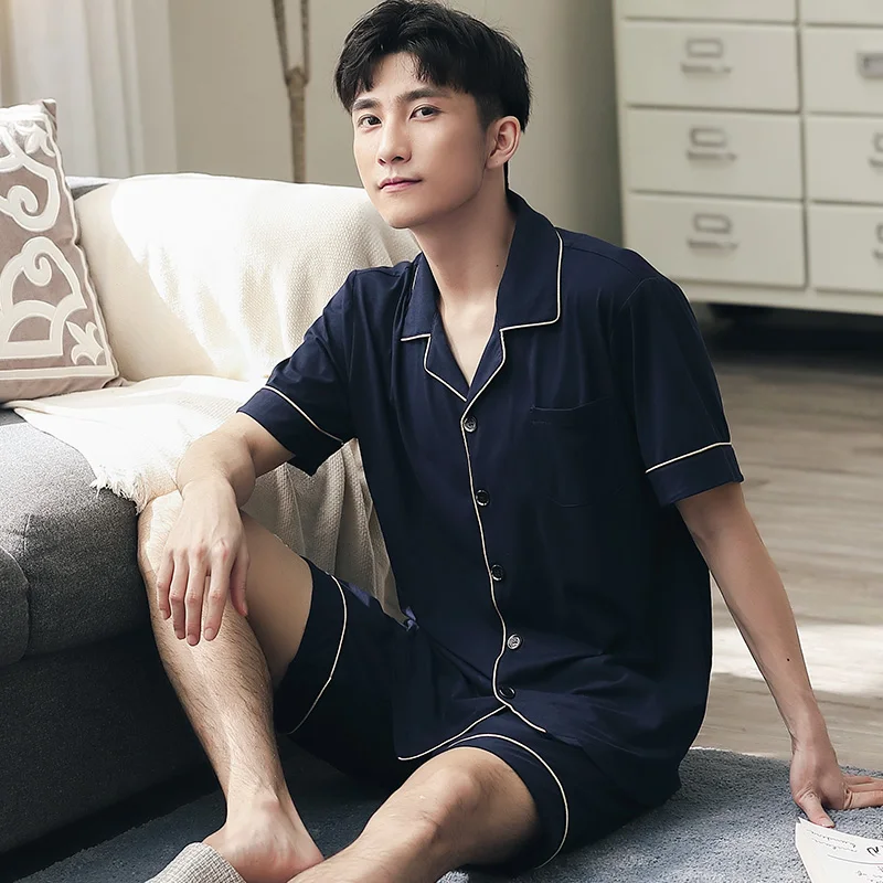 Summer Short Pajamas for Men 2PCS Short Sleeves Sleepwear Men Soft Navy Nightwear PJs 2020 Night Pijamas Homme Plus Size L-4XL