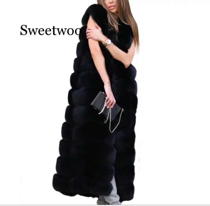 Winter Super Long Fur Vest  Women Faux Fox Fur Vest Furry Slim Woman Fake Fur Coat Jacket Long Outwear
